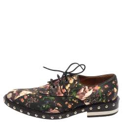 Pre Owned Givenchy Black Floral Print Leather Studded Lace Up Derby Size 38