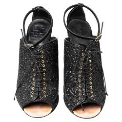 Pre Owned Givenchy Black Glitter Lace Up Peep Toe Ankle Strap Sandals Size 37.5