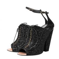 Pre Owned Givenchy Black Glitter Lace Up Peep Toe Ankle Strap Sandals Size 37.5