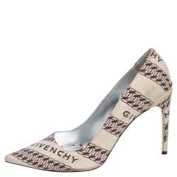 Pre Owned Givenchy Beige/White Canvas Givenchy Chain Pointed Toe Pumps Size 38
