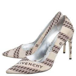 Pre Owned Givenchy Beige/White Canvas Givenchy Chain Pointed Toe Pumps Size 38