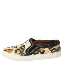 Pre Owned Givenchy Beige Butterfly Print Leather And Python Round Toe Slip On Sneakers Size 38.5