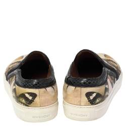 Pre Owned Givenchy Beige Butterfly Print Leather And Python Round Toe Slip On Sneakers Size 38.5