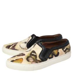 Pre Owned Givenchy Beige Butterfly Print Leather And Python Round Toe Slip On Sneakers Size 38.5
