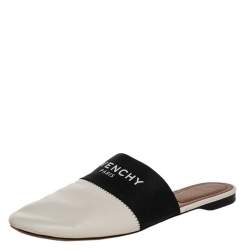 Givenchy White/Black Leather And Fabric Logo Mule Sandals Size 38