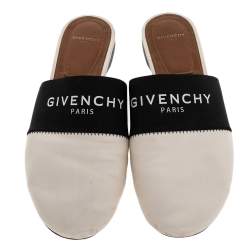 Givenchy White/Black Leather And Fabric Logo Mule Sandals Size 38