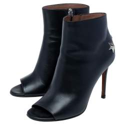 Pre Owned Givenchy Black Leather Star Embellished Open Toe Ankle Booties Size 37.5