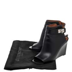 Givenchy Black Leather Shark Lock Peep-Toe Wedge Booties Size 38