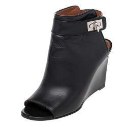 Givenchy Black Leather Shark Lock Peep-Toe Wedge Booties Size 38