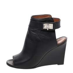Givenchy Black Leather Shark Lock Peep-Toe Wedge Booties Size 38