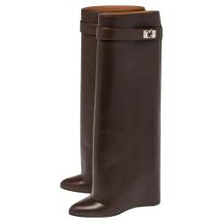 Pre Owned Givenchy Brown Leather Shark Lock Knee Length Boots Size 37.5