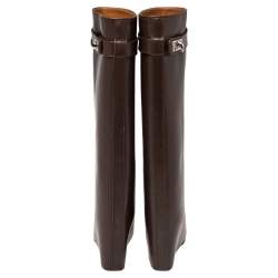 Pre Owned Givenchy Brown Leather Shark Lock Knee Length Boots Size 37.5