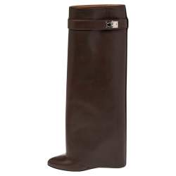 Pre Owned Givenchy Brown Leather Shark Lock Knee Length Boots Size 37.5