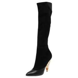 Pre Owned Givenchy Black Suede And Leather Knee Length Boots Size 39