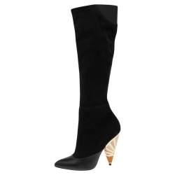 Pre Owned Givenchy Black Suede And Leather Knee Length Boots Size 39