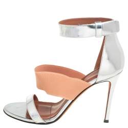 Givenchy Silver Foil Leather And Fabric Ankle Cuff Sandals Size 39 