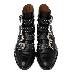Givenchy Black Leather Studded Buckle Detail Ankle Boots Size 35