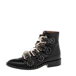 Givenchy Black Leather Studded Buckle Detail Ankle Boots Size 35