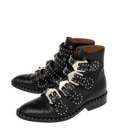 Givenchy Black Leather Studded Buckle Detail Ankle Boots Size 35