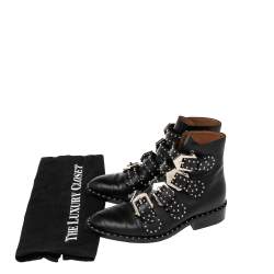 Givenchy Black Leather Studded Buckle Detail Ankle Boots Size 35