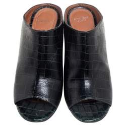 Pre Owned  Givenchy Green/Black Croc Embossed Leather Peep Toe Mule Sandals Size 36