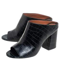Pre Owned  Givenchy Green/Black Croc Embossed Leather Peep Toe Mule Sandals Size 36