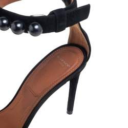 Pre Owned Givenchy Black Suede Faux Pearl Embellished Open Toe Ankle Strap Sandals Size 38