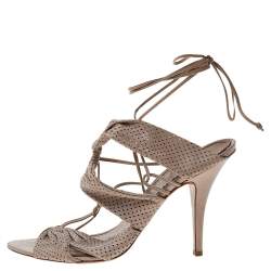 Pre Owned Givenchy Beige Perforated Leather Open Toe Ankle Wrap Sandals Size 39.5