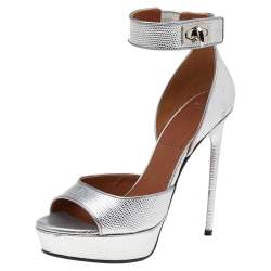 Givenchy Silver Leather Shark Lock Ankle Strap Sandals Size 38