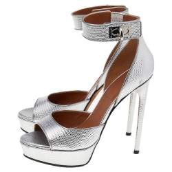 Givenchy Silver Leather Shark Lock Ankle Strap Sandals Size 38
