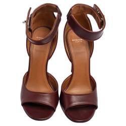 Pre Owned Givenchy Burgundy Leather Shark Tooth Ankle-Strap Sandals Size 37