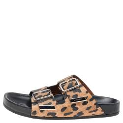 مملوكة مسبقًا حذاء سلايدز جيفنشي فلات جلد نقش سحلية طباعة فهد أسود/ بيج مقاس 37