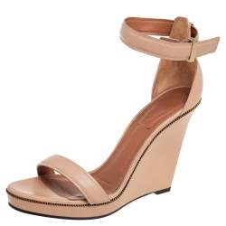 Givenchy Beige Leather Zipper Trim Platform Ankle Strap Wedge Sandals Size 39