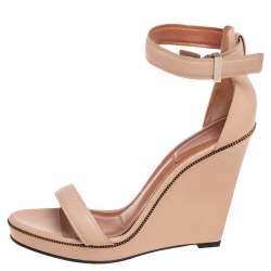 Givenchy Beige Leather Zipper Trim Platform Ankle Strap Wedge Sandals Size 39