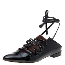 Pre Owned Givenchy Black Patent Leather Lace Up Backless Flat Mule Sandals Size 37