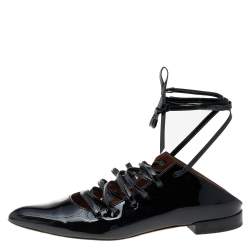 Pre Owned Givenchy Black Patent Leather Lace Up Backless Flat Mule Sandals Size 37