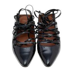 Pre Owned Givenchy Black Patent Leather Lace Up Backless Flat Mule Sandals Size 37