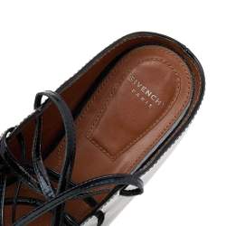 Pre Owned Givenchy Black Patent Leather Lace Up Backless Flat Mule Sandals Size 37