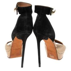 Givenchy Beige/Black Leather and Suede Shark Lock Ankle-Strap Sandals Size 40