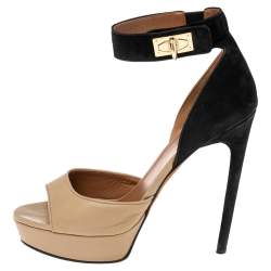 Givenchy Beige/Black Leather and Suede Shark Lock Ankle-Strap Sandals Size 40