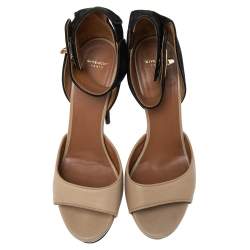 Givenchy Beige/Black Leather and Suede Shark Lock Ankle-Strap Sandals Size 40