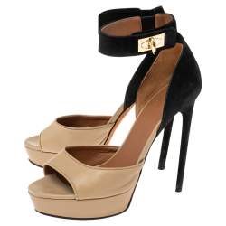 Givenchy Beige/Black Leather and Suede Shark Lock Ankle-Strap Sandals Size 40