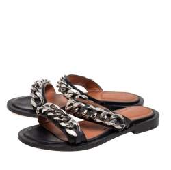 Pre Owned صندل فلات جيفنشي جلد أسود حافة بسلسلة مقاس 37