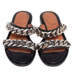 Pre Owned صندل فلات جيفنشي جلد أسود حافة بسلسلة مقاس 37