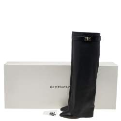 Pre Owned حذاء بوت طول ركبة جيفنشي قفل شارك جلد أسود مقاس 37