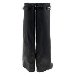 Pre Owned حذاء بوت طول ركبة جيفنشي قفل شارك جلد أسود مقاس 37