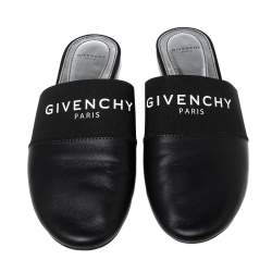 Givenchy Black Leather and Logo Elastic Flat Mules Size 38