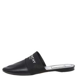 Givenchy Black Leather and Logo Elastic Flat Mules Size 38