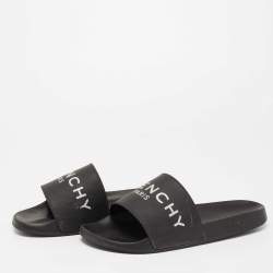 Pre Owned Givenchy Black Rubber Logo Print Flat Slide Sandals Size 41