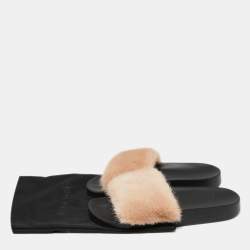 Pre Owned Givenchy Beige Mink Fur Flat Slides Sandals Size 38